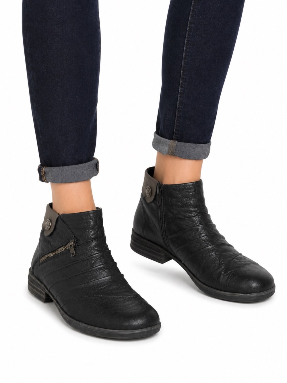 Size US 10 (EU 41) Remonte Women’s Black Leather Ruched Ankle Boots Comfort Moto